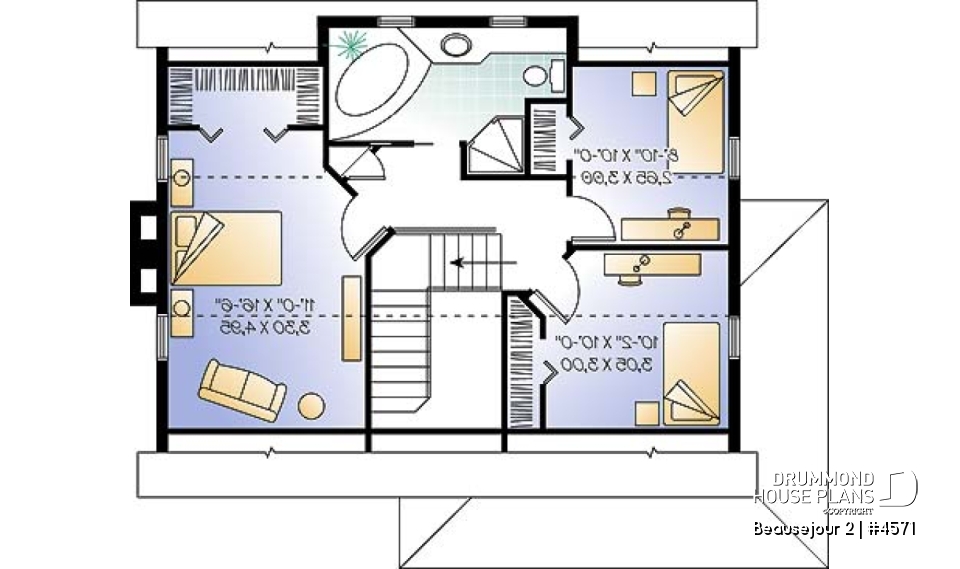 2nd level - Scandinavian style house plan, 3 bedrooms, kitchen booth, economical home to build, covered porches - Beausejour 2