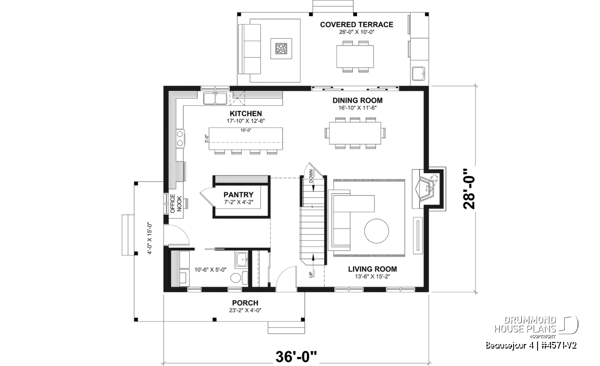 1st level - Country house plan with 3 to 4 bedrooms, open concept with fireplace and optional finished basement - Beausejour 4