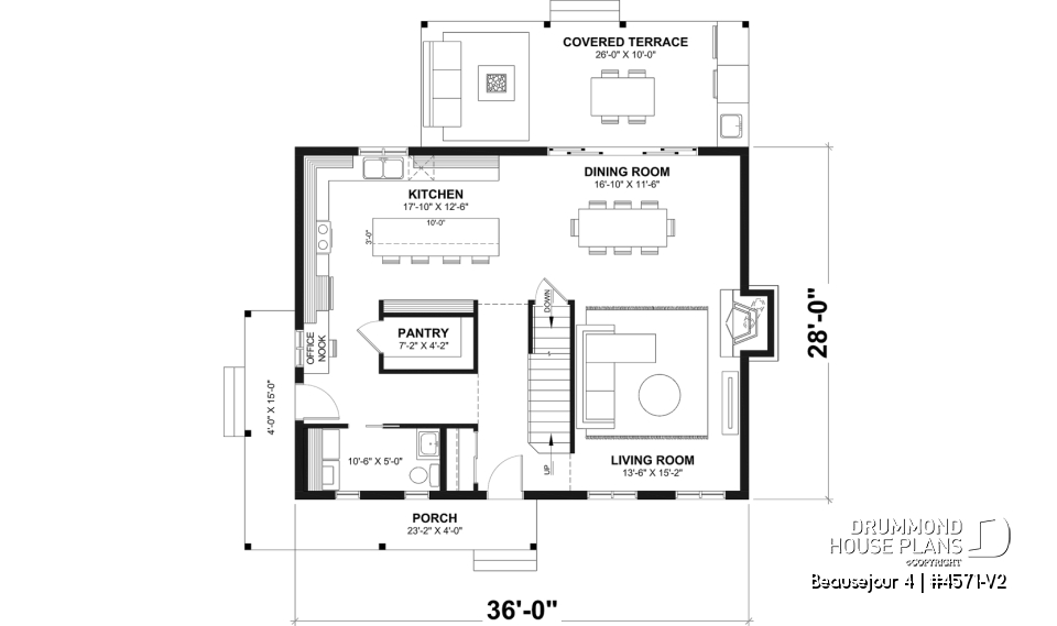 1st level - Country house plan with 3 to 4 bedrooms, open concept with fireplace and optional finished basement - Beausejour 4