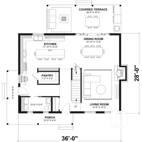 1st level - Country house plan with 3 to 4 bedrooms, open concept with fireplace and optional finished basement - Beausejour 4
