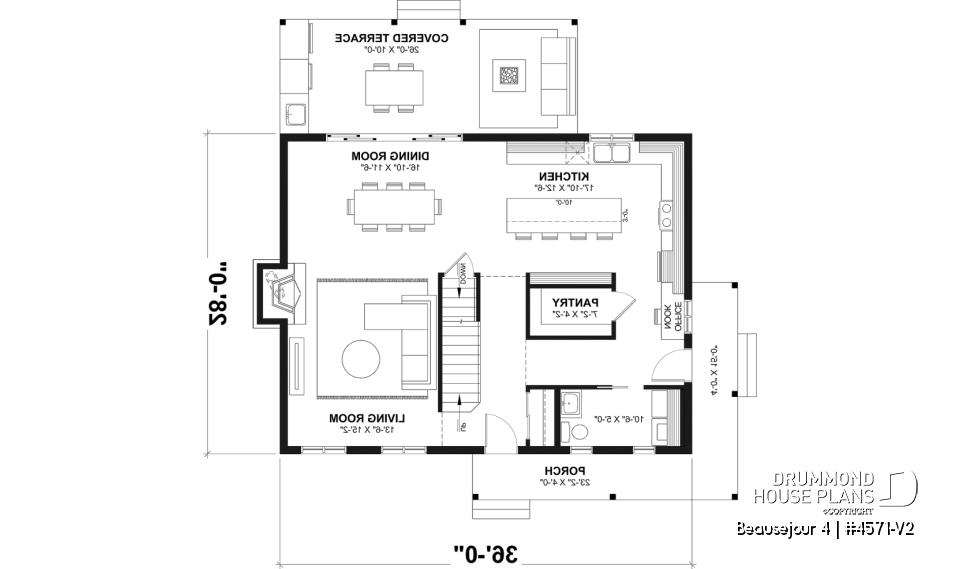 1st level - Country house plan with 3 to 4 bedrooms, open concept with fireplace and optional finished basement - Beausejour 4