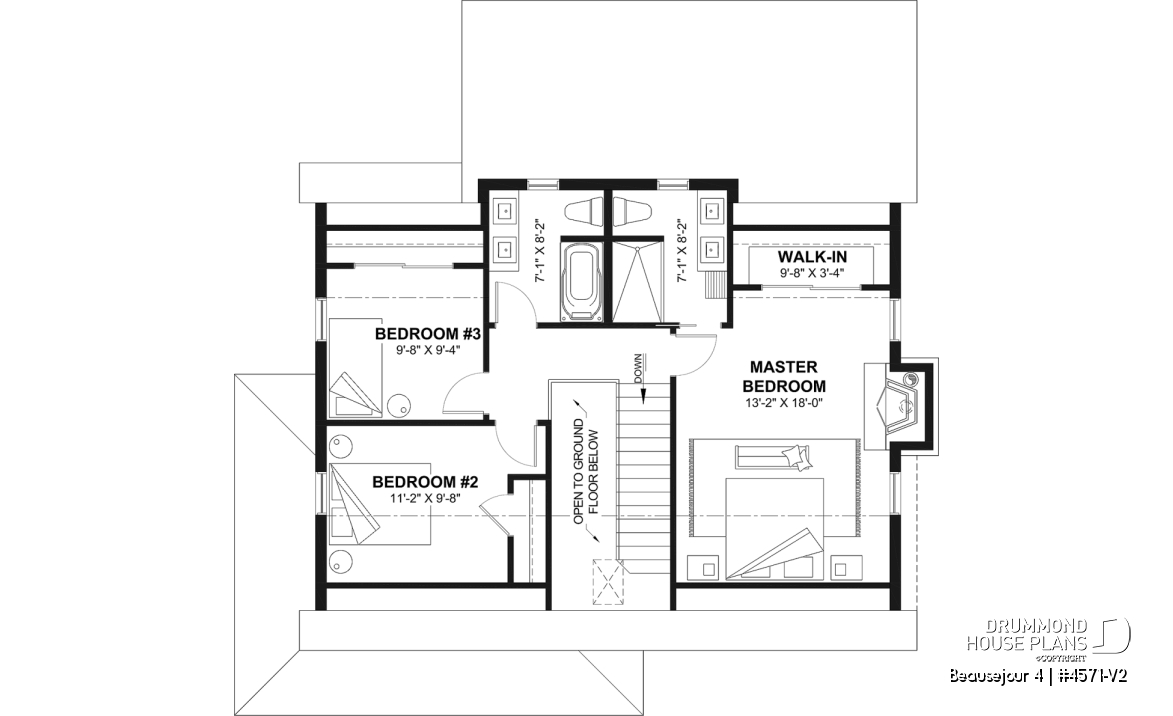 2nd level - Country house plan with 3 to 4 bedrooms, open concept with fireplace and optional finished basement - Beausejour 4