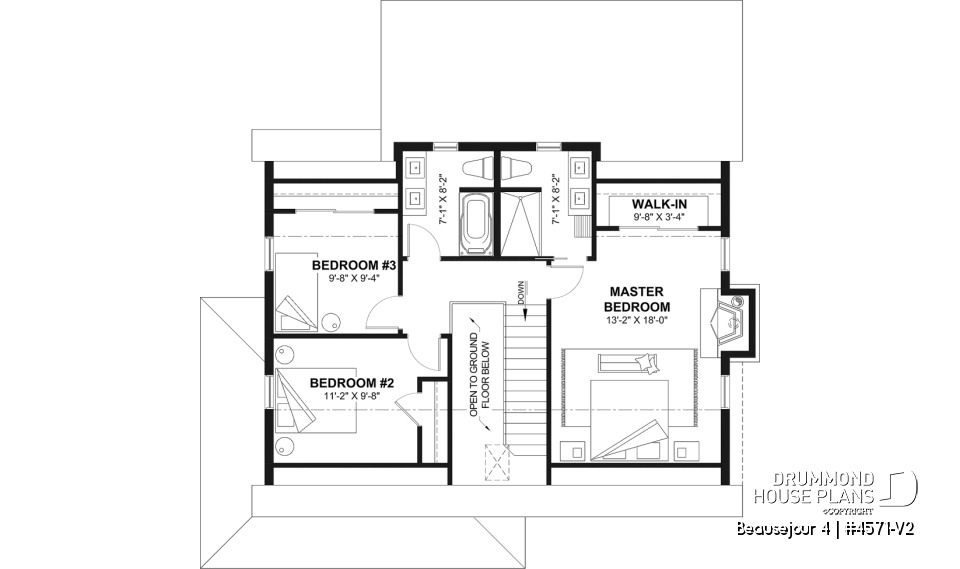 2nd level - Country house plan with 3 to 4 bedrooms, open concept with fireplace and optional finished basement - Beausejour 4