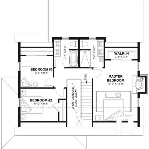 2nd level - Country house plan with 3 to 4 bedrooms, open concept with fireplace and optional finished basement - Beausejour 4