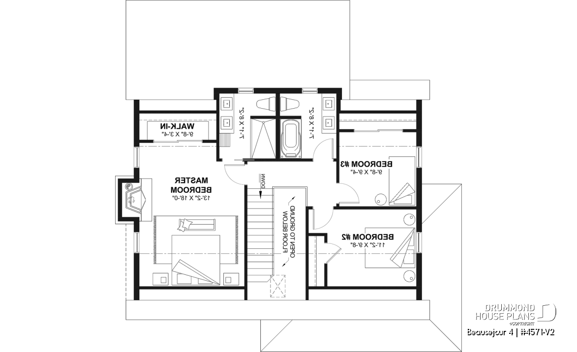 2nd level - Country house plan with 3 to 4 bedrooms, open concept with fireplace and optional finished basement - Beausejour 4