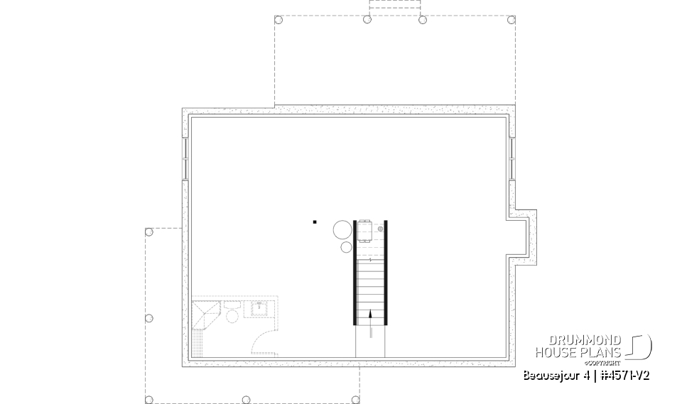 Unfinished basement - Country house plan with 3 to 4 bedrooms, open concept with fireplace and optional finished basement - Beausejour 4