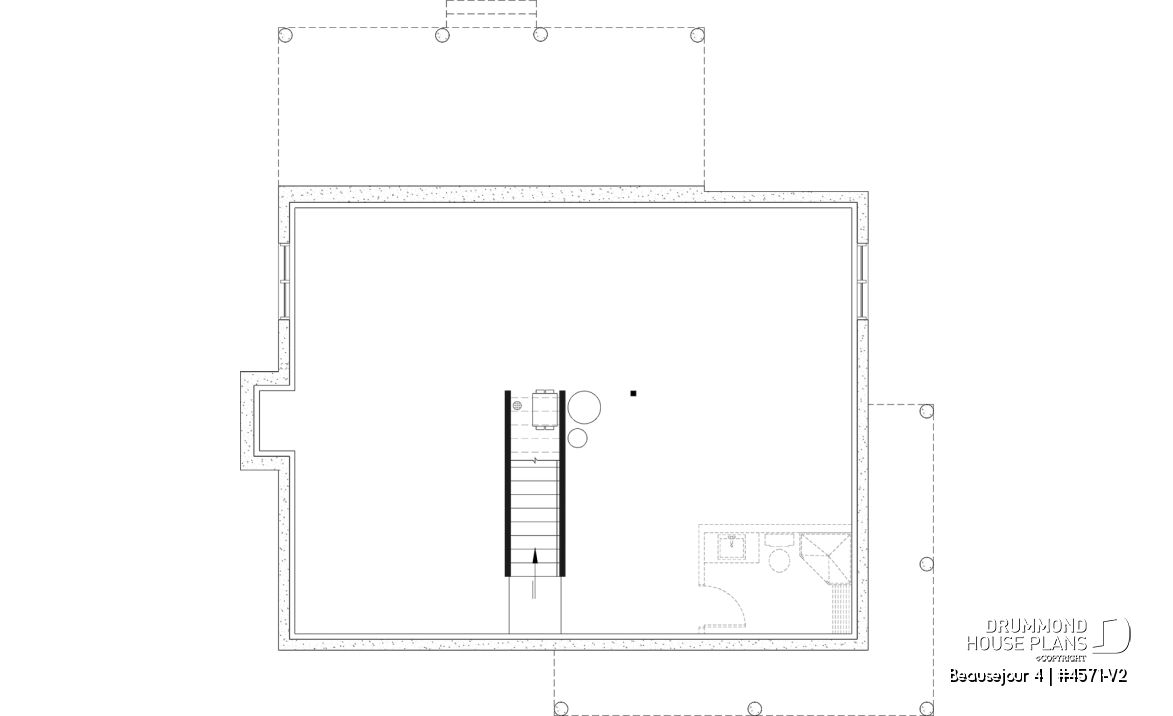 Unfinished basement - Country house plan with 3 to 4 bedrooms, open concept with fireplace and optional finished basement - Beausejour 4