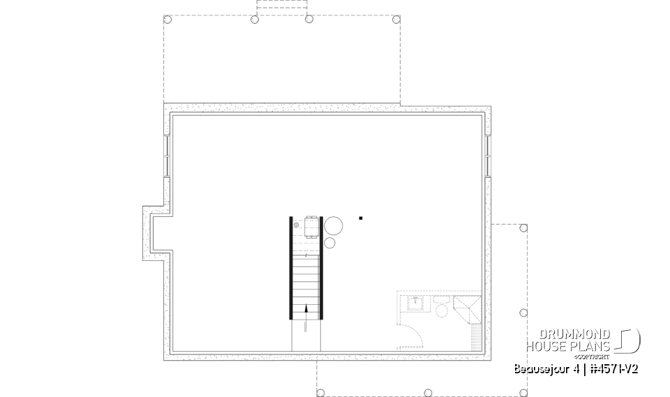 Unfinished basement - Country house plan with 3 to 4 bedrooms, open concept with fireplace and optional finished basement - Beausejour 4