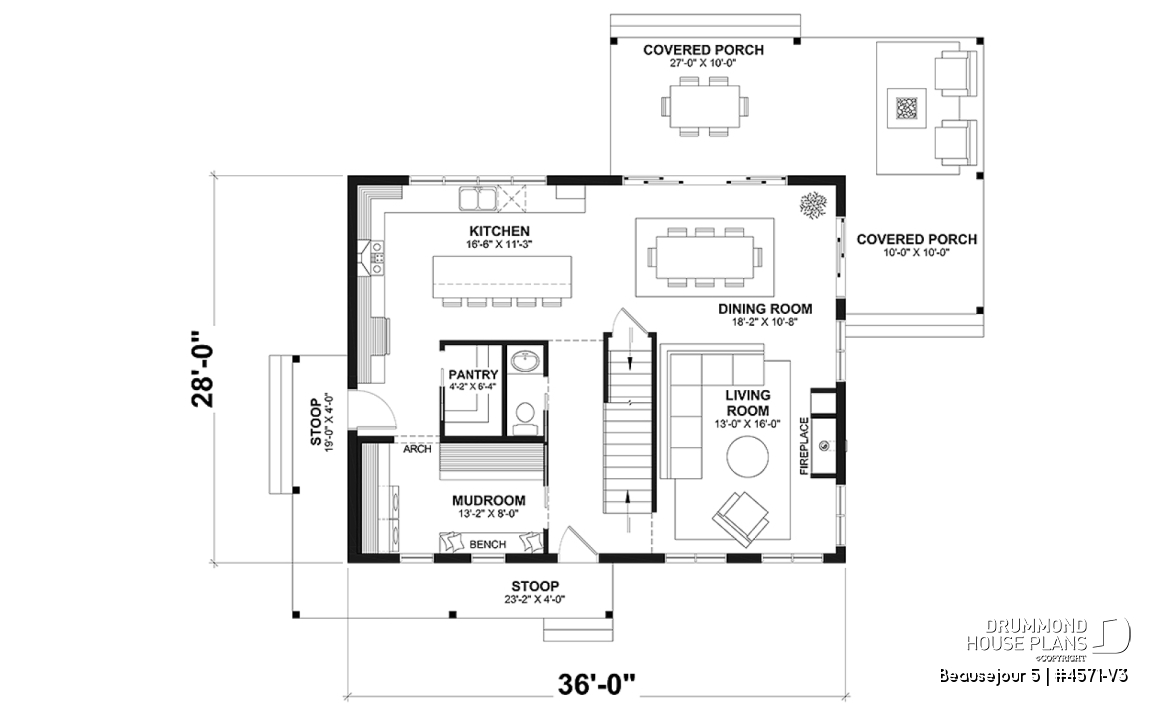 1st level - Farmhouse with up to 5 bedrooms, great covered rear deck, perfect family home plan, optional finished basement - Beausejour 5