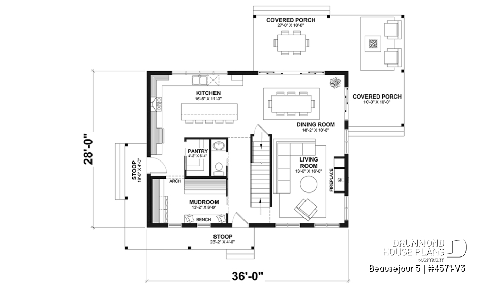 1st level - Farmhouse with up to 5 bedrooms, great covered rear deck, perfect family home plan, optional finished basement - Beausejour 5