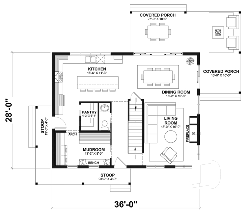 1st level - Farmhouse with up to 5 bedrooms, great covered rear deck, perfect family home plan, optional finished basement - Beausejour 5