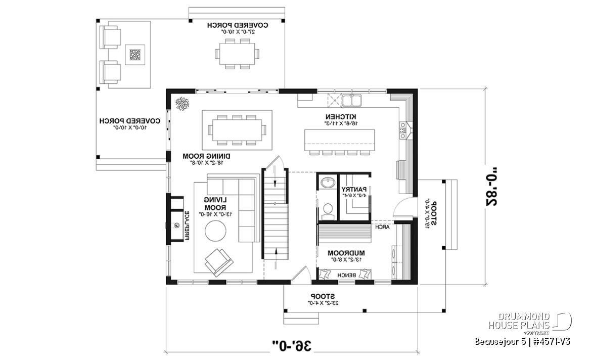 1st level - Farmhouse with up to 5 bedrooms, great covered rear deck, perfect family home plan, optional finished basement - Beausejour 5