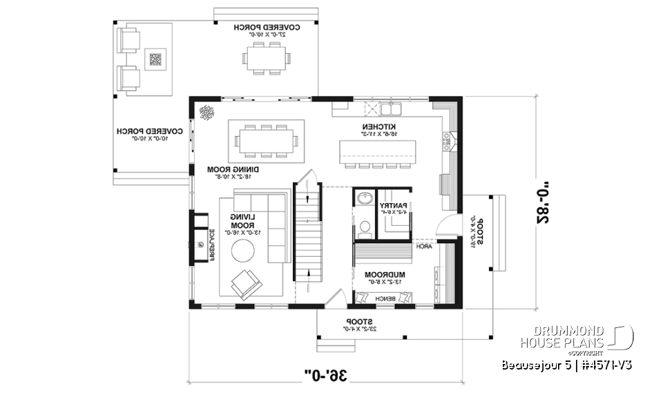 1st level - Farmhouse with up to 5 bedrooms, great covered rear deck, perfect family home plan, optional finished basement - Beausejour 5