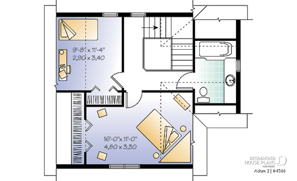 2nd level - Historical country home design, affordable construction  costs, open plan,  2 bedrooms, laundry room on main - Adam 2