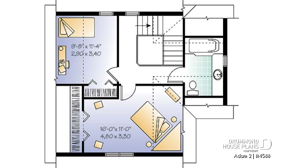 2nd level - Historical country home design, affordable construction  costs, open plan,  2 bedrooms, laundry room on main - Adam 2