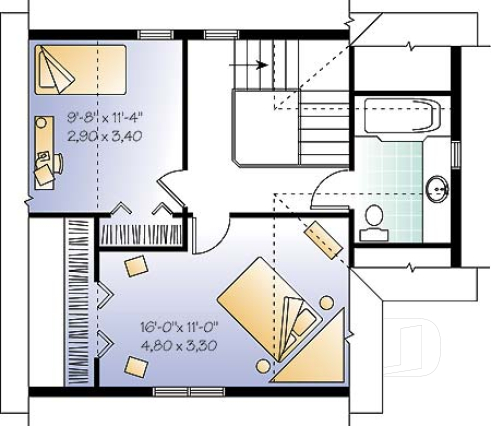 2nd level - Historical country home design, affordable construction  costs, open plan,  2 bedrooms, laundry room on main - Adam 2