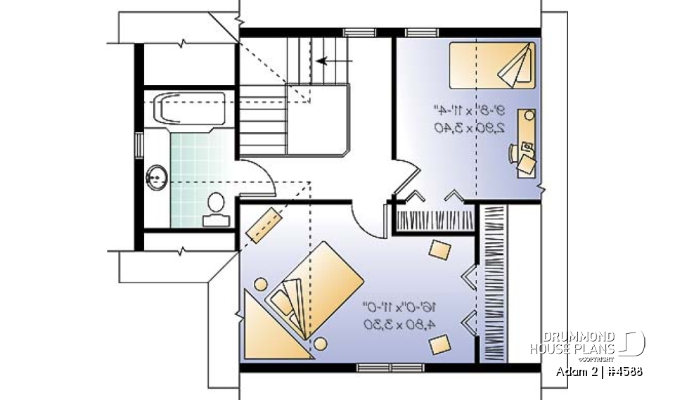 2nd level - Historical country home design, affordable construction  costs, open plan,  2 bedrooms, laundry room on main - Adam 2