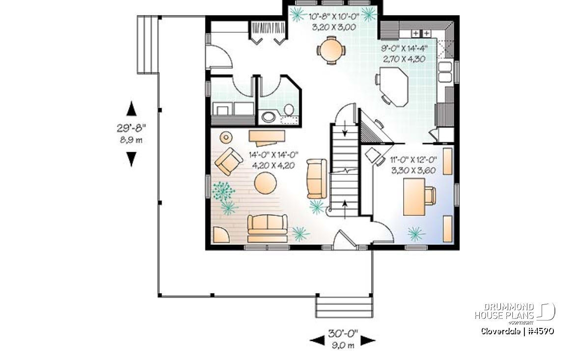 1st level - 2-story farmhouse style house plan, 3 to 4 bedrooms, nice kitchen, great wraparound porch - Cloverdale