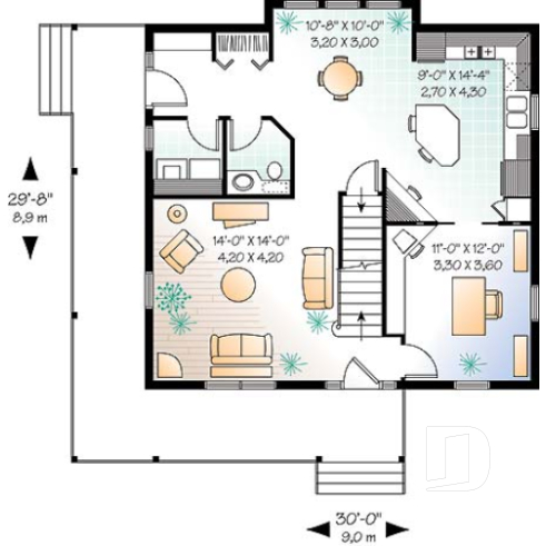 1st level - 2-story farmhouse style house plan, 3 to 4 bedrooms, nice kitchen, great wraparound porch - Cloverdale