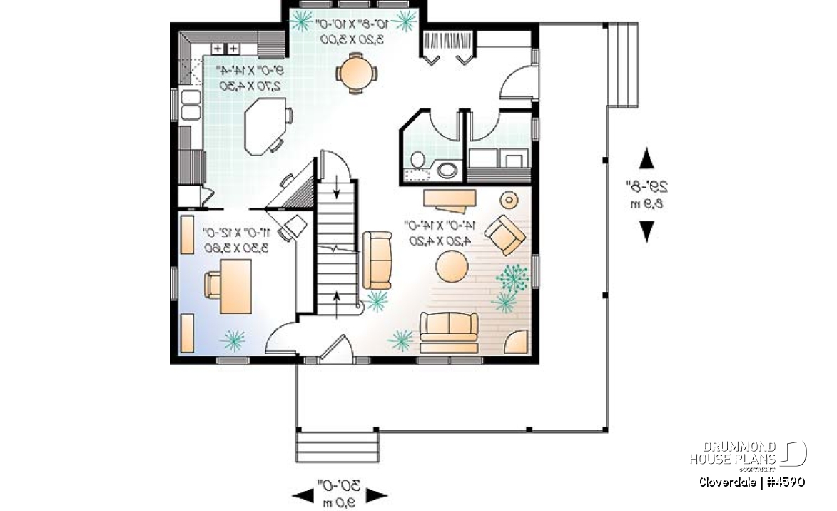 1st level - 2-story farmhouse style house plan, 3 to 4 bedrooms, nice kitchen, great wraparound porch - Cloverdale
