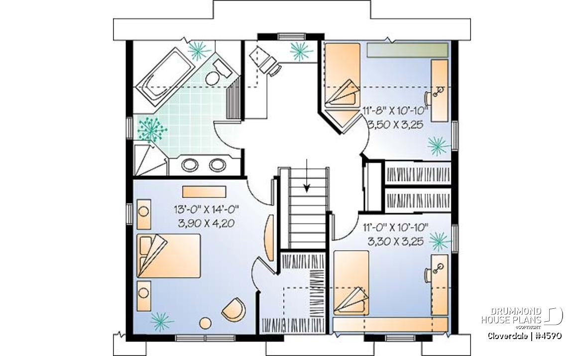 2nd level - 2-story farmhouse style house plan, 3 to 4 bedrooms, nice kitchen, great wraparound porch - Cloverdale