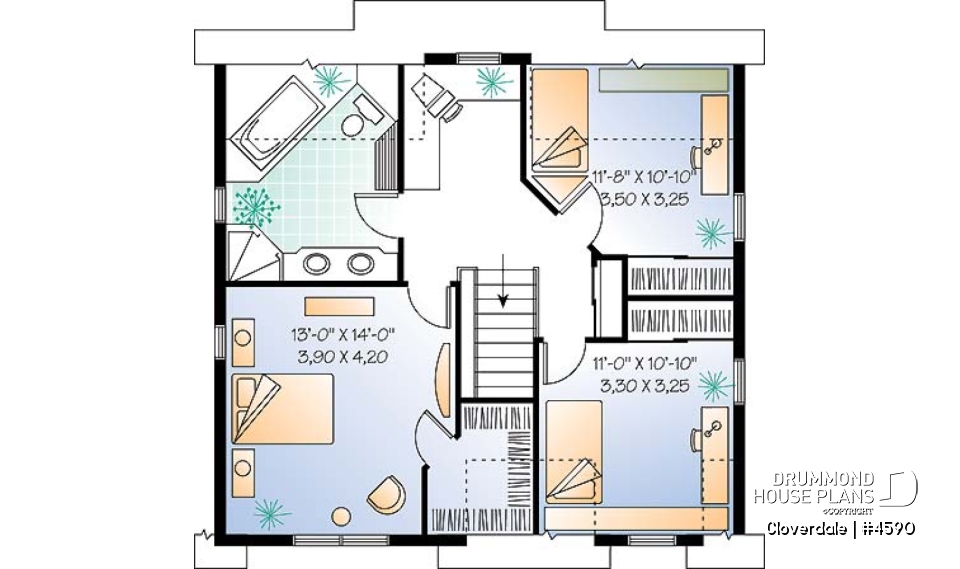 2nd level - 2-story farmhouse style house plan, 3 to 4 bedrooms, nice kitchen, great wraparound porch - Cloverdale