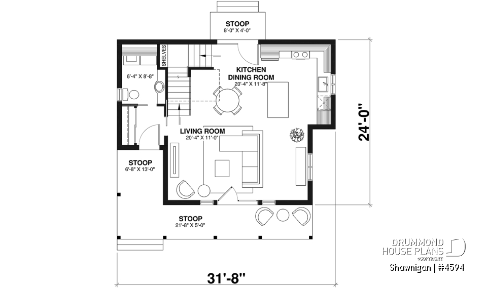 1st level - 2 bedroom cottage house plan with great front porch - Shawnigan