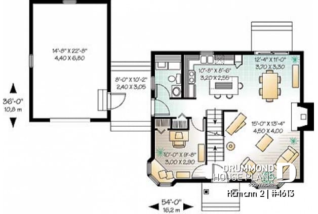 1st level - Country small house plan with 2 bedrooms + den, garage, family room with fireplace - Hamann 2