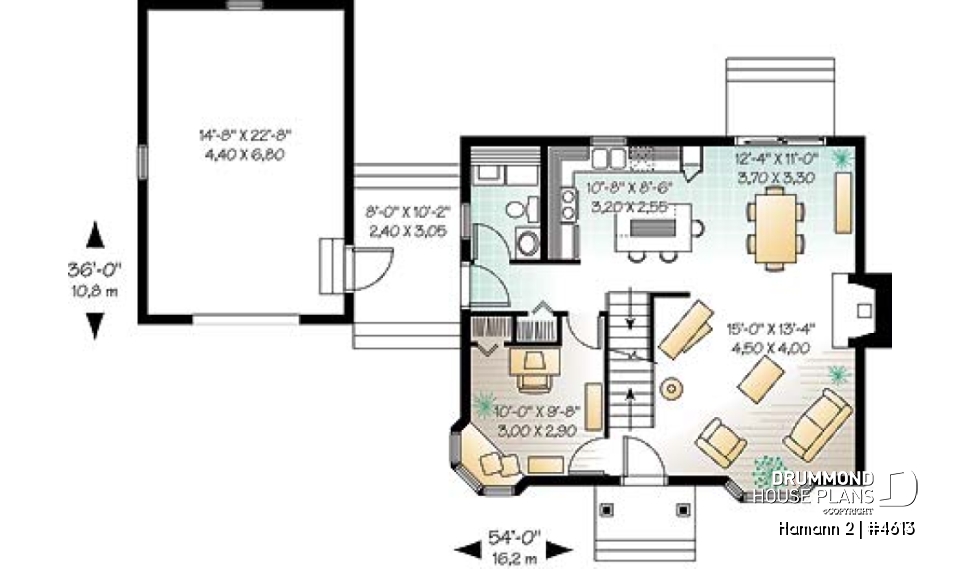 1st level - Country small house plan with 2 bedrooms + den, garage, family room with fireplace - Hamann 2
