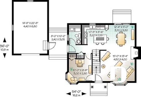 1st level - Country small house plan with 2 bedrooms + den, garage, family room with fireplace - Hamann 2