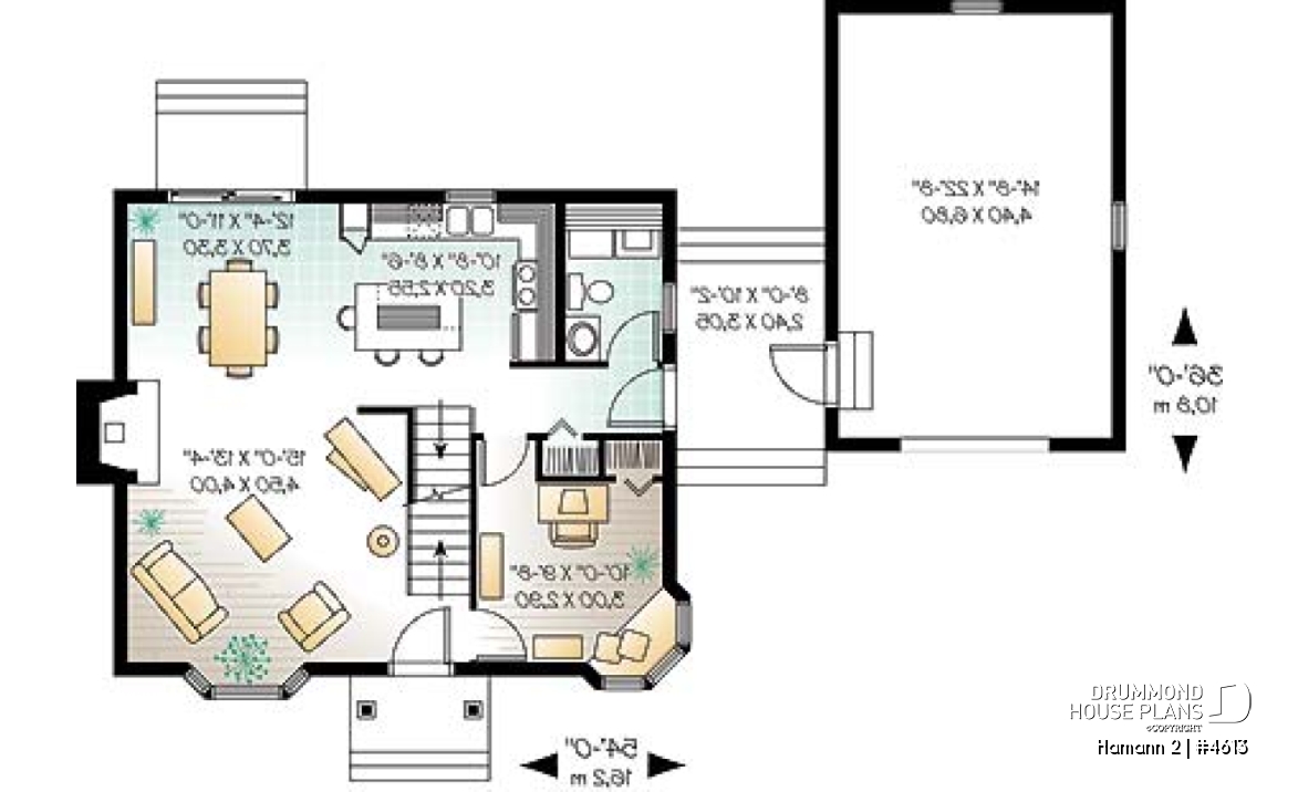 1st level - Country small house plan with 2 bedrooms + den, garage, family room with fireplace - Hamann 2
