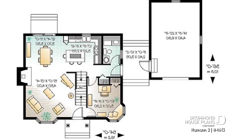 1st level - Country small house plan with 2 bedrooms + den, garage, family room with fireplace - Hamann 2