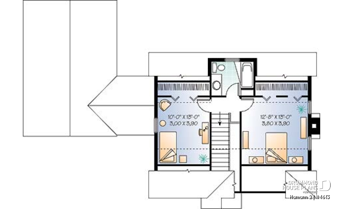 2nd level - Country small house plan with 2 bedrooms + den, garage, family room with fireplace - Hamann 2