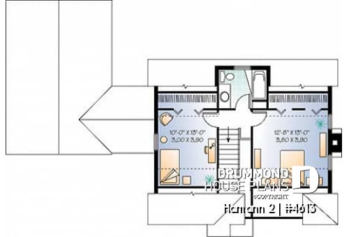 2nd level - Country small house plan with 2 bedrooms + den, garage, family room with fireplace - Hamann 2