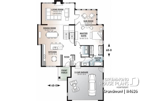 1st level - Lakefront house plan, grand Master Suite with witting area, open floor plan and large bonus space - Grandmont