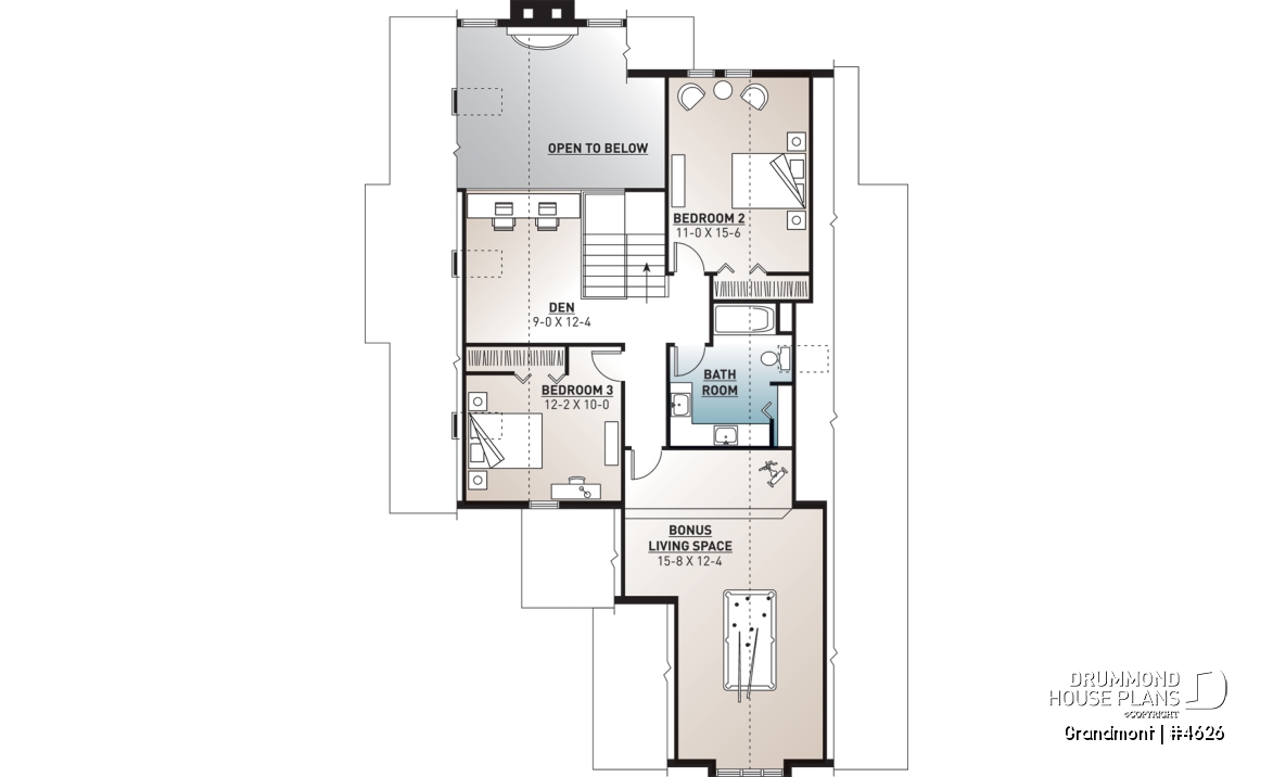 2nd level - Lakefront house plan, grand Master Suite with witting area, open floor plan and large bonus space - Grandmont
