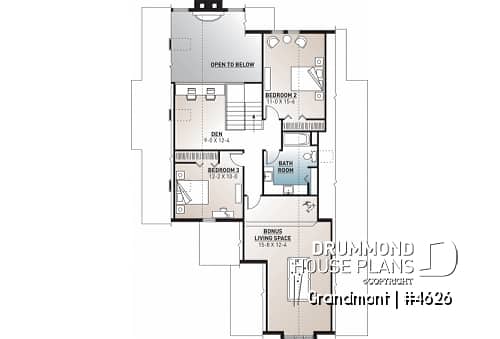 2nd level - Lakefront house plan, grand Master Suite with witting area, open floor plan and large bonus space - Grandmont