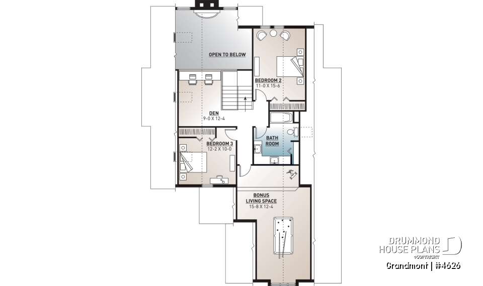 2nd level - Lakefront house plan, grand Master Suite with witting area, open floor plan and large bonus space - Grandmont