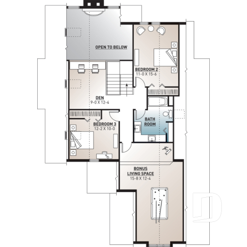 2nd level - Lakefront house plan, grand Master Suite with witting area, open floor plan and large bonus space - Grandmont