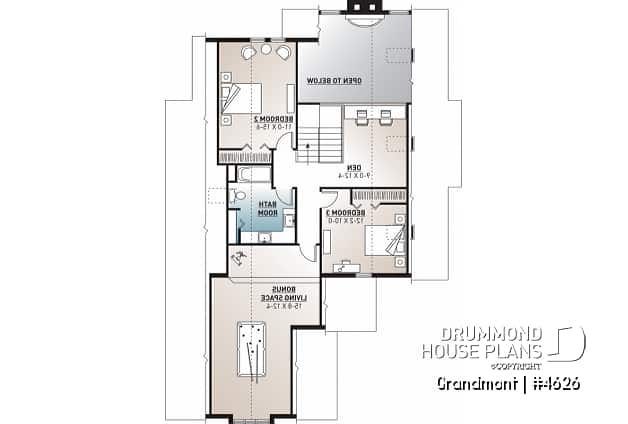 2nd level - Lakefront house plan, grand Master Suite with witting area, open floor plan and large bonus space - Grandmont