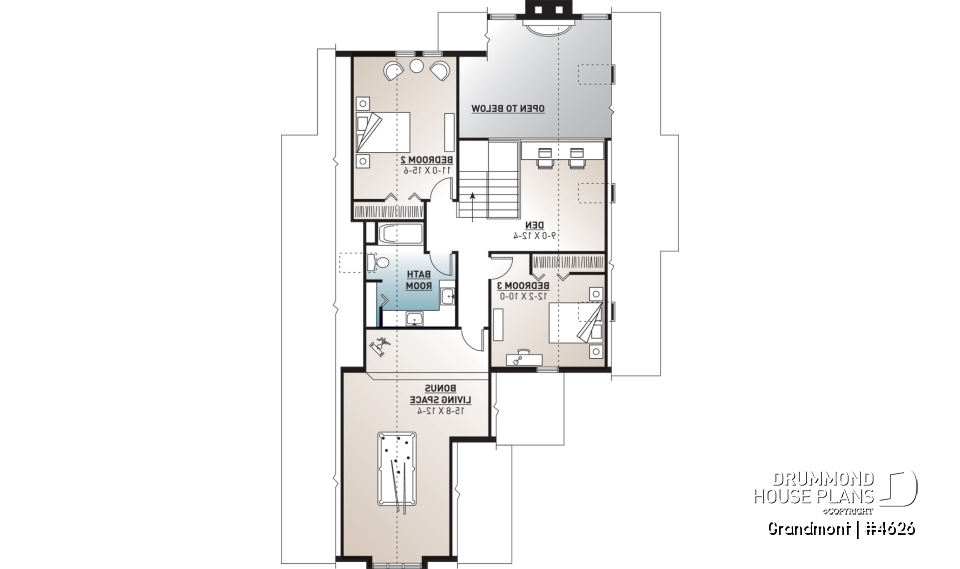 2nd level - Lakefront house plan, grand Master Suite with witting area, open floor plan and large bonus space - Grandmont