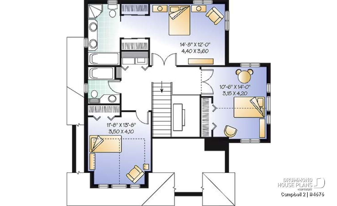 2nd level - 2-storey house plan, garage, narrow lot, master suite, 3 bedrooms, 2.5 baths, laundry on second floor - Campbell 2
