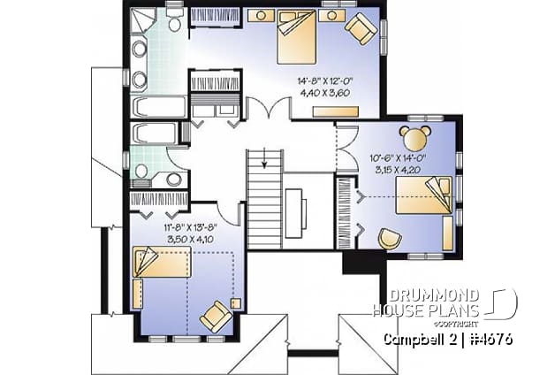 2nd level - 2-storey house plan, garage, narrow lot, master suite, 3 to 4 bedrooms, 2.5 baths, laundry on second floor - Campbell 2