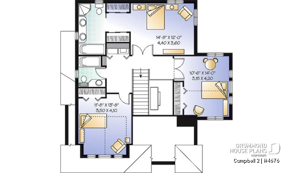 2nd level - 2-storey house plan, garage, narrow lot, master suite, 3 bedrooms, 2.5 baths, laundry on second floor - Campbell 2
