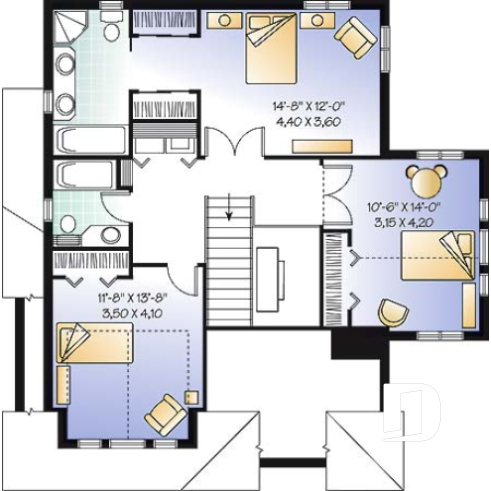 2nd level - 2-storey house plan, garage, narrow lot, master suite, 3 bedrooms, 2.5 baths, laundry on second floor - Campbell 2