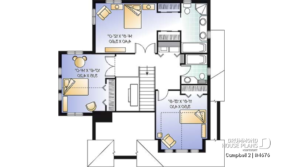2nd level - 2-storey house plan, garage, narrow lot, master suite, 3 bedrooms, 2.5 baths, laundry on second floor - Campbell 2