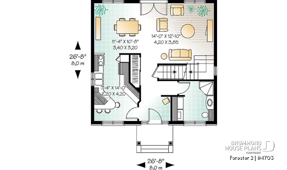 1st level - Classic style 3 bedroom house plan, lots of natural light, sheltered front balcony - Forester 2
