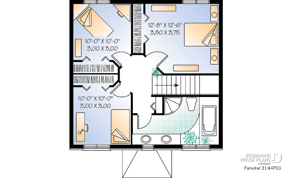 2nd level - Classic style 3 bedroom house plan, lots of natural light, sheltered front balcony - Forester 2