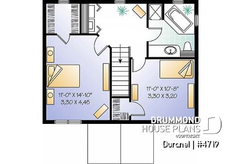 2nd level - Low budget 2 bedroom 2-story  house plan, walk-in on each bed, laundry area on second floor, kitchen island - Duranel