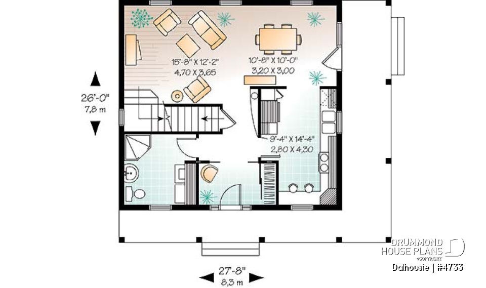 1st level - English inspired house plan with 3 bedrooms, 2 bathrooms, large covered porch, open floor plan - Dalhousie